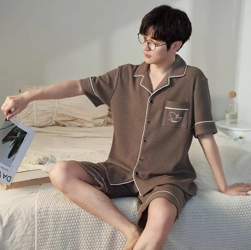 Baju tidur piyama cowok pendek bahan kaos katun kra kancing 5