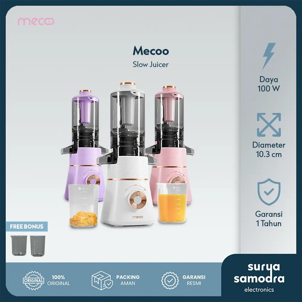 Mecoo Aesthetic Slow Juicer Extra Big Mouth EasyJuice Filter-Free EasyClean 100 Low Watt BPA Free Tritan Baby Food Grade | Slow Juicer Mecoo