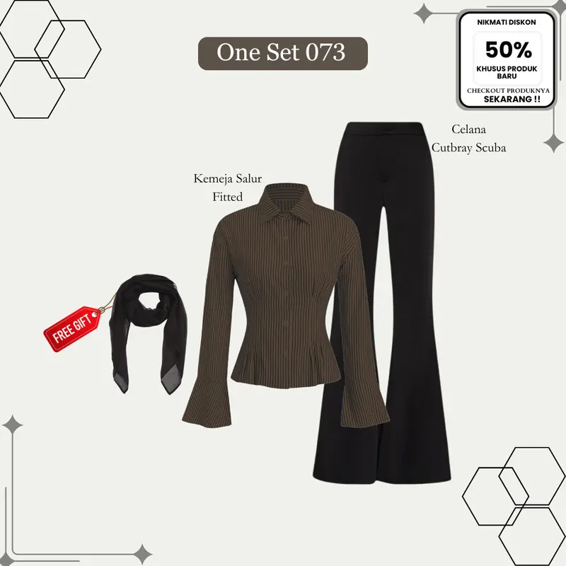 ( TERBARU!! ) Setelan Wanita Kemeja Salur fit Body, Celana Cutbray Hitam, dan Tas Bahu Kece| SET 073 3
