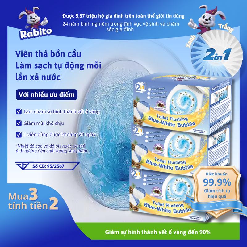 Viên thả bồn cầu Rabito Trắng-Xanh, làm sạch tự động, không cần cọ rửa! Đạt chứng nhận FDA, giảm 90% vết ố vàng, diệt khuẩn 99.9%, khử mùi
