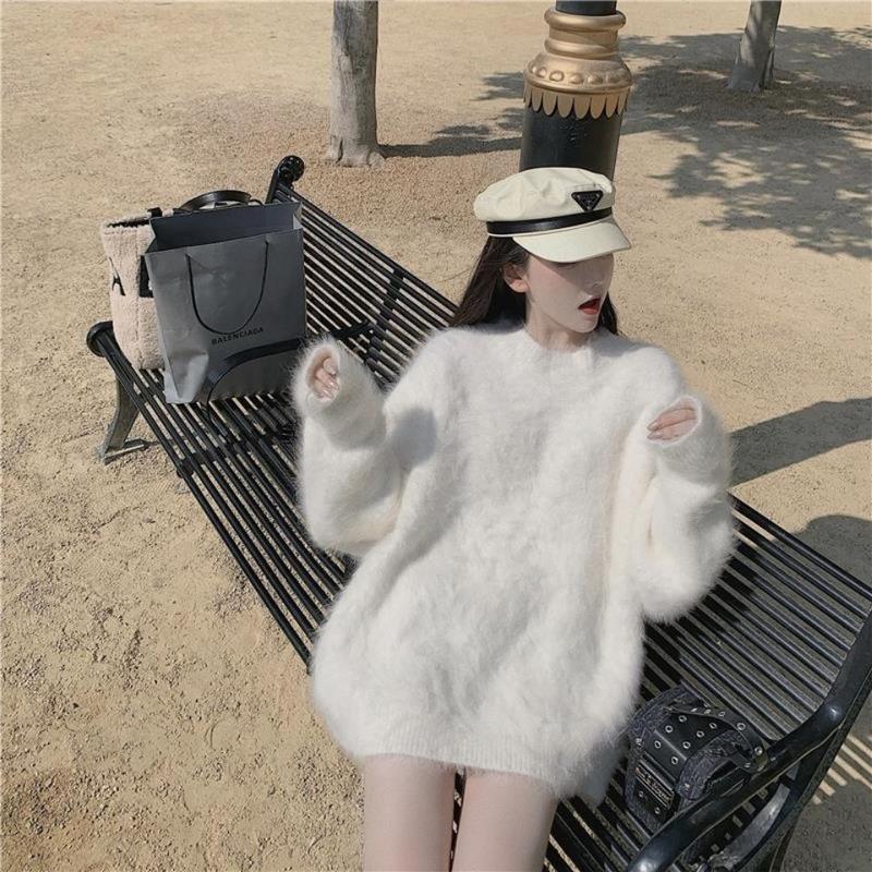 Áo Len Nhung Lông Chồn Dáng Rộng Phong Cách Lười Biếng Dài Trung Bình Dành Cho Nữ, Lót Lông Cừu, Áo Len Dày, Thích Hợp Cho Mùa Thu Và Mùa Đông, Phong Cách Mới, 2023