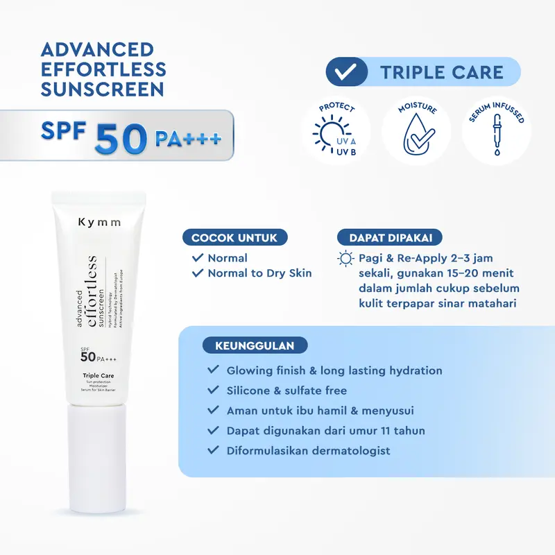 [LIVE] [UPGRADED] KYMM SKIN Advanced Effortless Sunscreen SPF 50 PA+++ | Hybrid Glass Skin Glow Finish for Normal to Dry In Vivo Tested | Perawatan Perlindungan Matahari Sunblock Tabir Surya Skin Barrier Kulit Kering | Ceramide Phytocell Vit C Ectoin 5