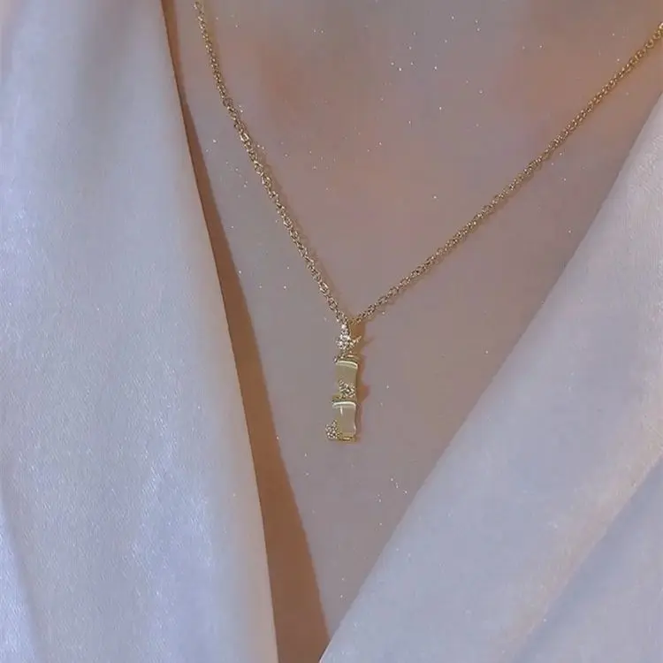 Kalung Titanium Bambu Giok Keberuntungan Gold Anti Karat Fashion Korea Vintage