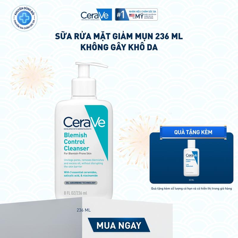   DEAL HOT  Sữa rửa mặt giảm mụn CeraVe Blemish Control Cleanser 236ml. Sữa rửa mặt dịu nhẹ giúp làm sạch bã nhờn dư thừa và giảm mụn với AHA & BHA không làm tổn thương hàng rào bảo vệ da. DÙNG CHO DA MẶT_ Chăm sóc da_Skincare cho Nam và Nữ_Cleansing 