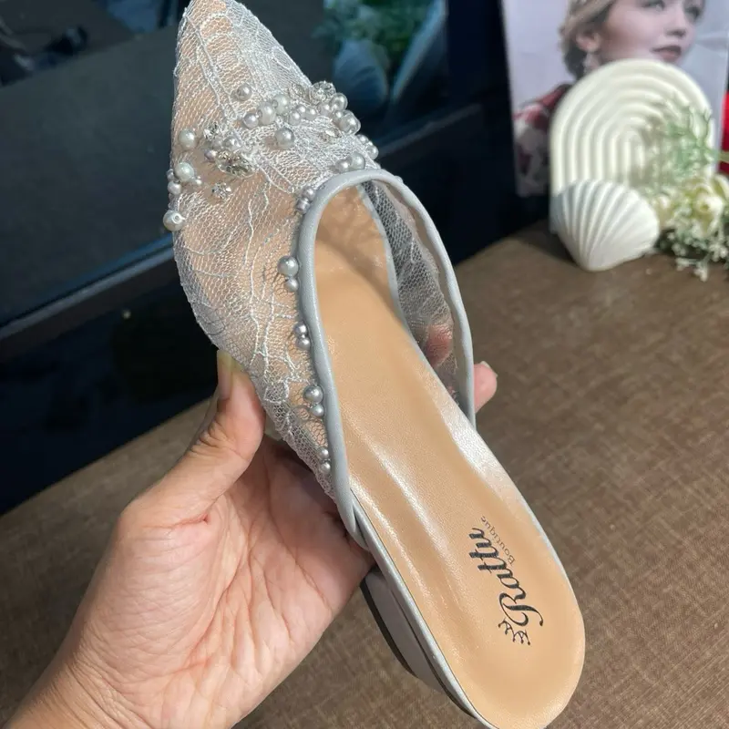 Sepatu Wanita pesta Payet Maryam Brukat Hak 3cm - Ukuran 36-41 - Karet, Kasual, Heels, Shoes, Sendal, Putih 7