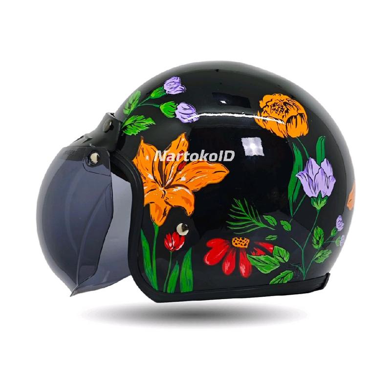 Helm Bogo Wanita Azalea Aesthetic Helm Bogo Motif Bunga Full Leher SNI Flat Visor 1