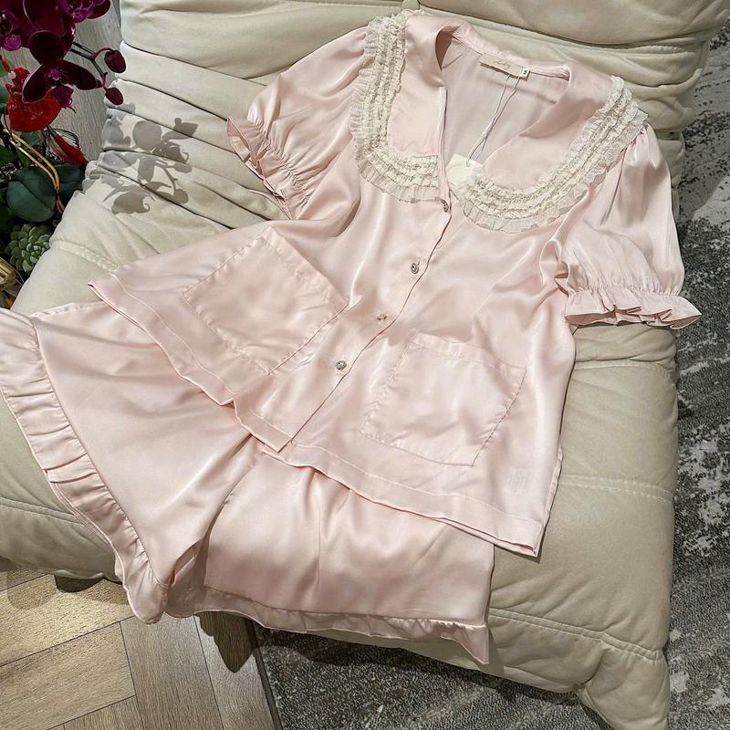 N235- Pijama cộc đùi lụa cổ bèo ren tiểu thư hàng lyly cho nữ - Bộ ngủ mặc nhà hàng quảng châu cao cấp