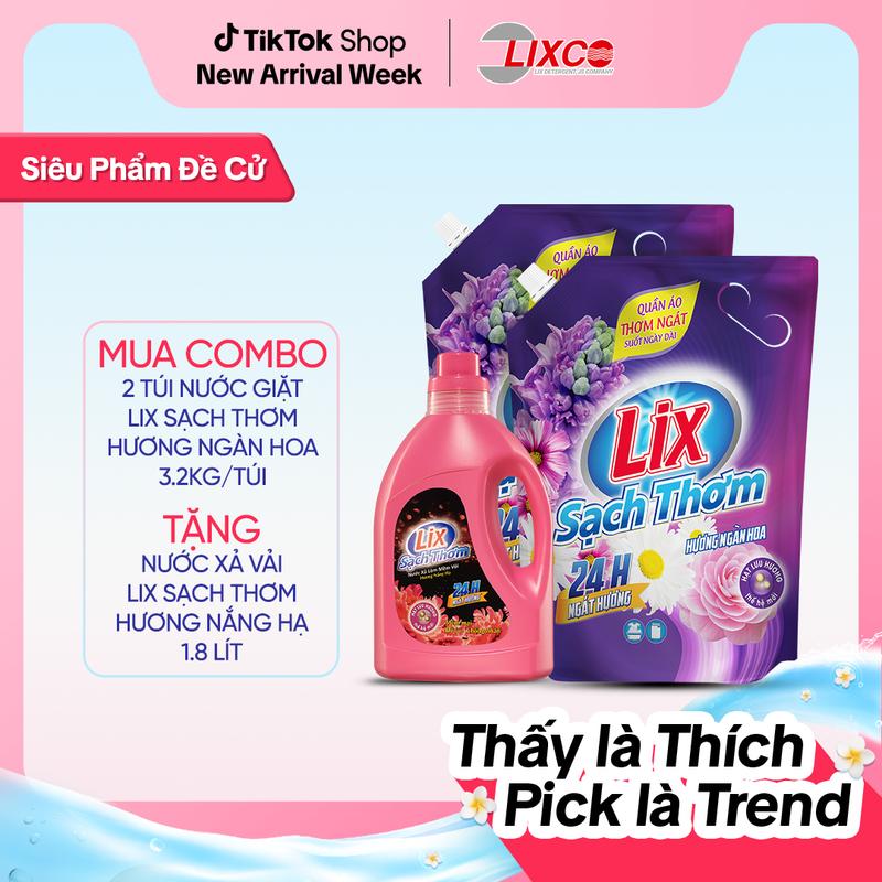Lix Combo 2 Túi Nước Giặt quần áo siêu thơm 3.2kg Túi Sạch Thơm Hương Ngàn Hoa Tặng Nước Xả Vải 1.8L 2C-N7409