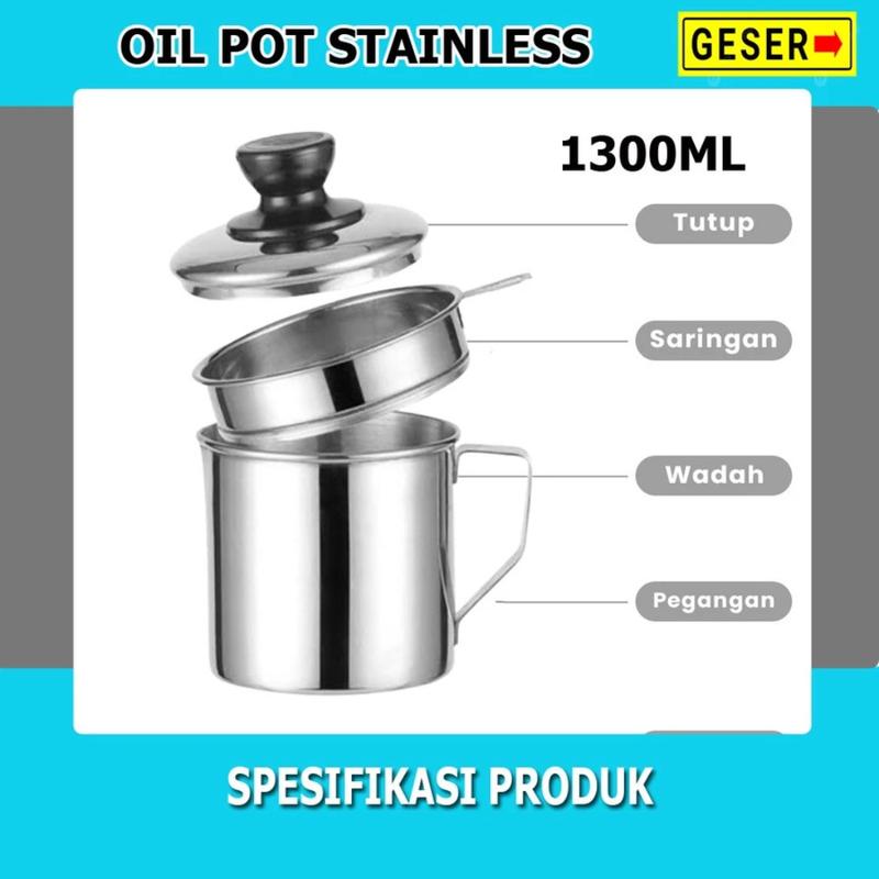 OIL POT STAINLESS 1,3 LITER MUG GELAS SARINGAN TEMPAT WADAH OIL POT 1,2 LITER OIL POT WADAH MINYAK GORENG 7