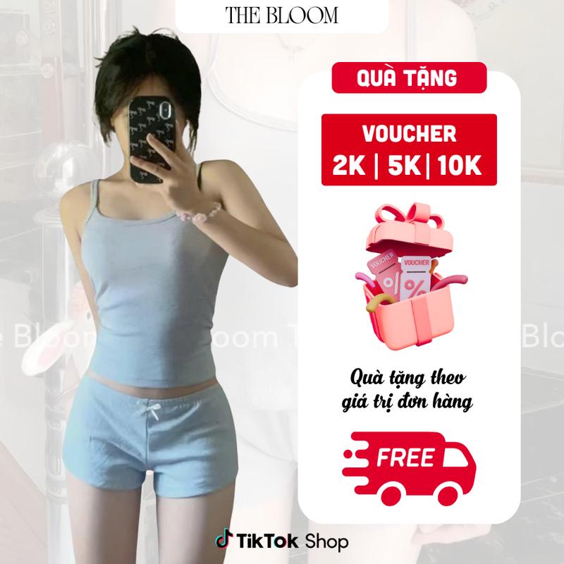THE BLOOM [SET 2 MÓN]Set bộ đùi chất thun bogen co giãn 4 chiều, Áo 2 dây kèm quần short lưng thấp - SE002 Nữ Women Top Xám đồ  bộ mặc nhà đồ  macnha ngủ set  bongu  quyen  ru đồ  ngủ  thun  tăm  2  dây