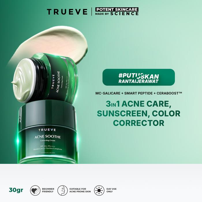 Gambar TRUEVE Acne Soothe Correcting Cream SPF50+ PA++++ 30g - Sunscreen Acne Care & Color Corrector, Menyamarkan Kemerahan, Concealer Jerawat, Skin Tint, Meratakan Warna Kulit, Menjaga Skin Barrier dari Trueve.id Kota Administrasi Jakarta Utara Tokopedia