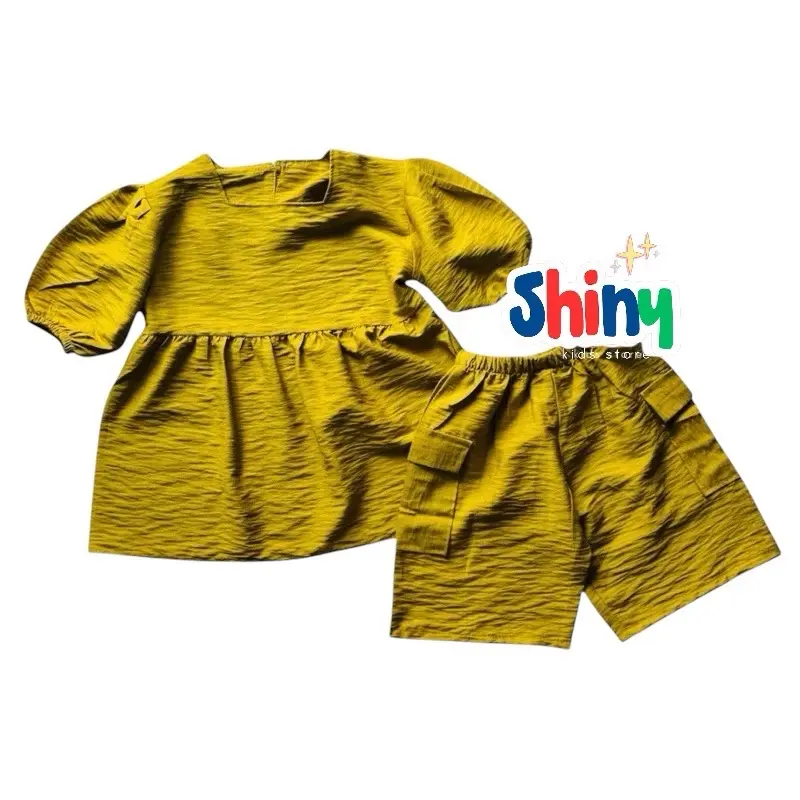 Shiny Kids Setelan Anak Lengan Balon Polo Linen one set korean style
