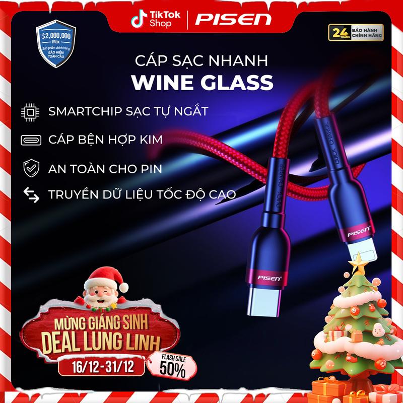 PISEN Cáp Sạc Nhanh Lightning 20W | Bền Bỉ Chống Rối Chịu Lực Tản Nhiệt Nhỏ Gọn Bảo Vệ Máy Tương Thích Iphone 8 X 11 12 13 14 | PISEN Quick Lightning - Wine Glass PD | XD-CLPD05-1000 | Bảo Hành 24 Tháng | Bảo Hiểm 2 Triệu Đô Toàn Cầu
