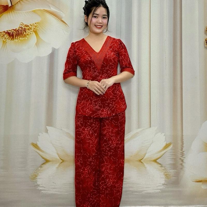 B21 Đồ bộ bông thun nữ trung niên thiết kế cổ tim đè ren, tay lỡ quần ống suông bo ren thương hiệu Hải Sơn women