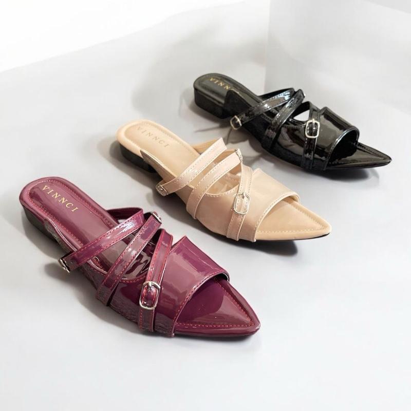 Nd 020  Sendal Mules Wanita Gasper Kekinian Cream,Black & Burgundy No Box Shoes Selop 6
