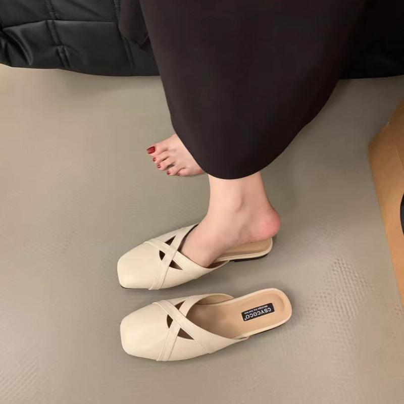 Dép Bít Mũi, Phong Cách Pháp, Giày Nữ, Có Thể Đeo Ngoài Trời, Phong Cách Cổ Điển Dễ Phối Đồ, Mũi Vuông, Phong Cách Hàn Quốc, Dây Đeo Chéo, Cắt Nông, Lưng Rỗng, Dép Lười Nửa 1