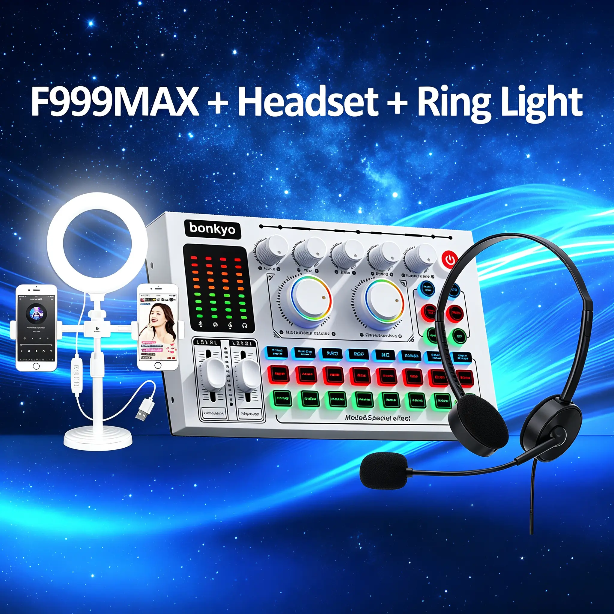 Bonkyo Paket Streaming Lengkap F999MAX + Headset SY442 + Ringlight untuk Live, Podcast, Karaoke, Rekaman ASMR & Konten Kreator HP/PC - Audio, Laptop