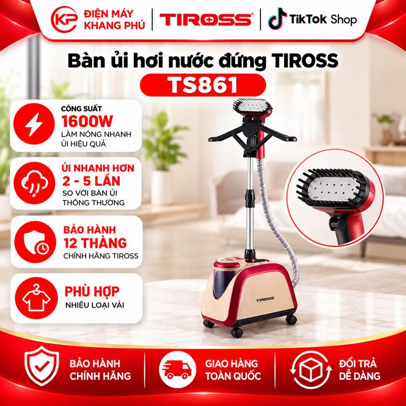 Bàn ủi hơi nước đứng Tiross TS861 (Hồng) - Công suất 1600w - Dung tích 2.1L - Tốc độ ủi nhanh chóng