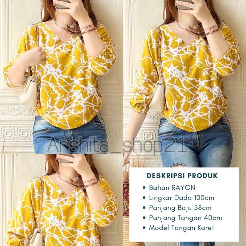 HANA [01] BLOUSE || [B01101] ATASAN WANITA TERLARIS BAHAN RAYON PREMIUM BLOUSE KEKINIAN LEHER V SIMPLE ELEGAN TANGAN 7/8 KARET MOTIF TERBARU