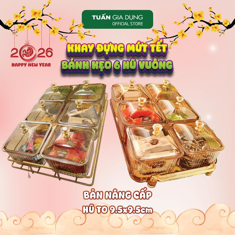 Khay đựnġ mứt Tết 2026 bộ 6 hũ nhựa Màu Vàng Hổ Phách có nắp khay đựnġ bánh kẹo mứt tết hạt dưa có tay cầm để phòng khách sang trọng