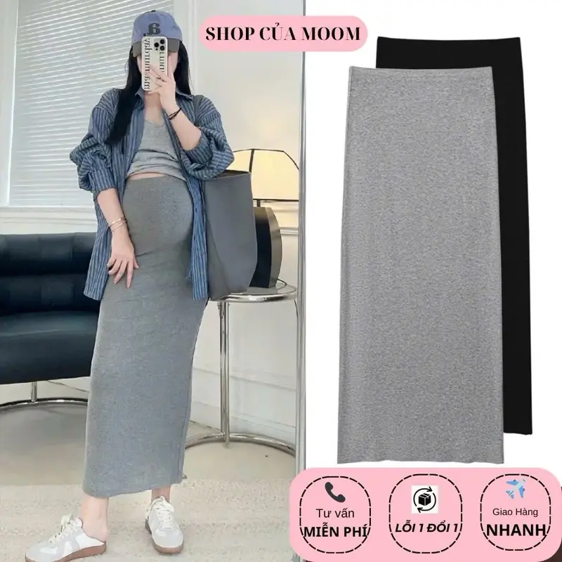 [Nhà Moom] Chân Váy,Chân váy bầu body dáng dài siêu xinh, chất thun thun tăm mềm