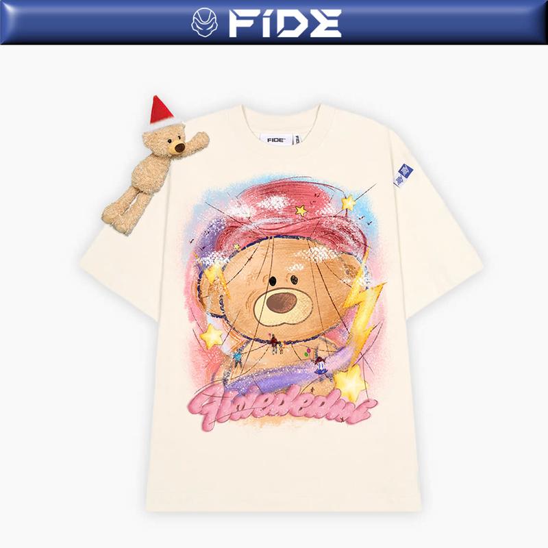  Áo thun JoyBear FIDE TEEDY phông cotton unisex nam nữ Form rộng cổ tròn áo đính gấu - AT123 TẶNG KÈM GẤU  