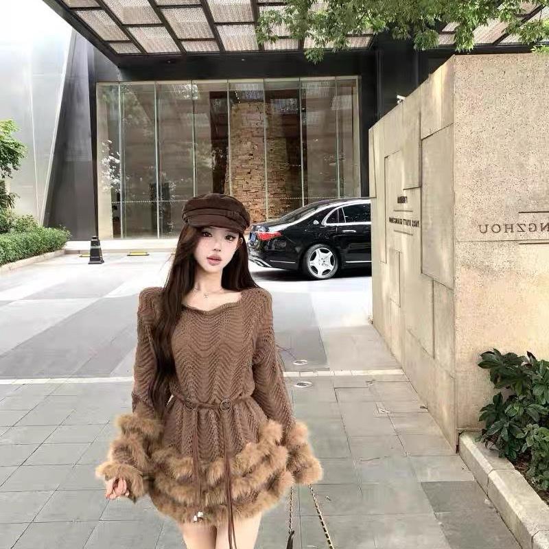 PRE-ORDER LAN ANH QC Áo len màu nâu cổ thuyền dáng dài kèm đai thiết kế hàng quảng châu cao cấp Top