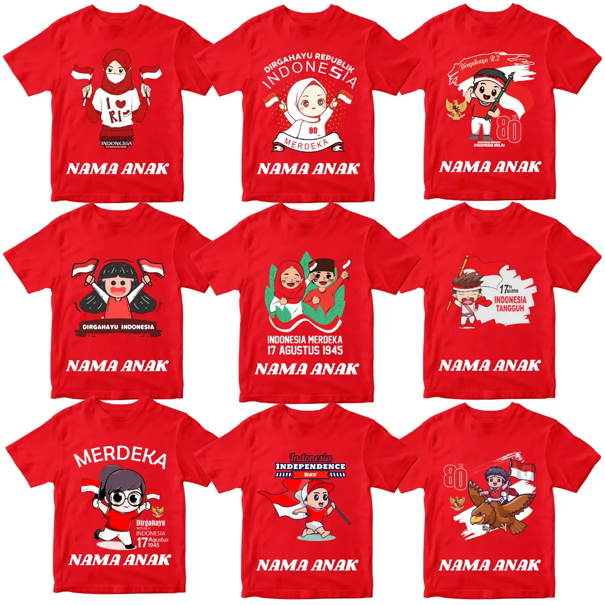 Kaos anak 17 agustus Kemerdekaan Indonesia Usia 1 2 3 4 5 6 7 8 9 10 11 12 Tahun Gratis Custome Nama Combed Cotton Distro