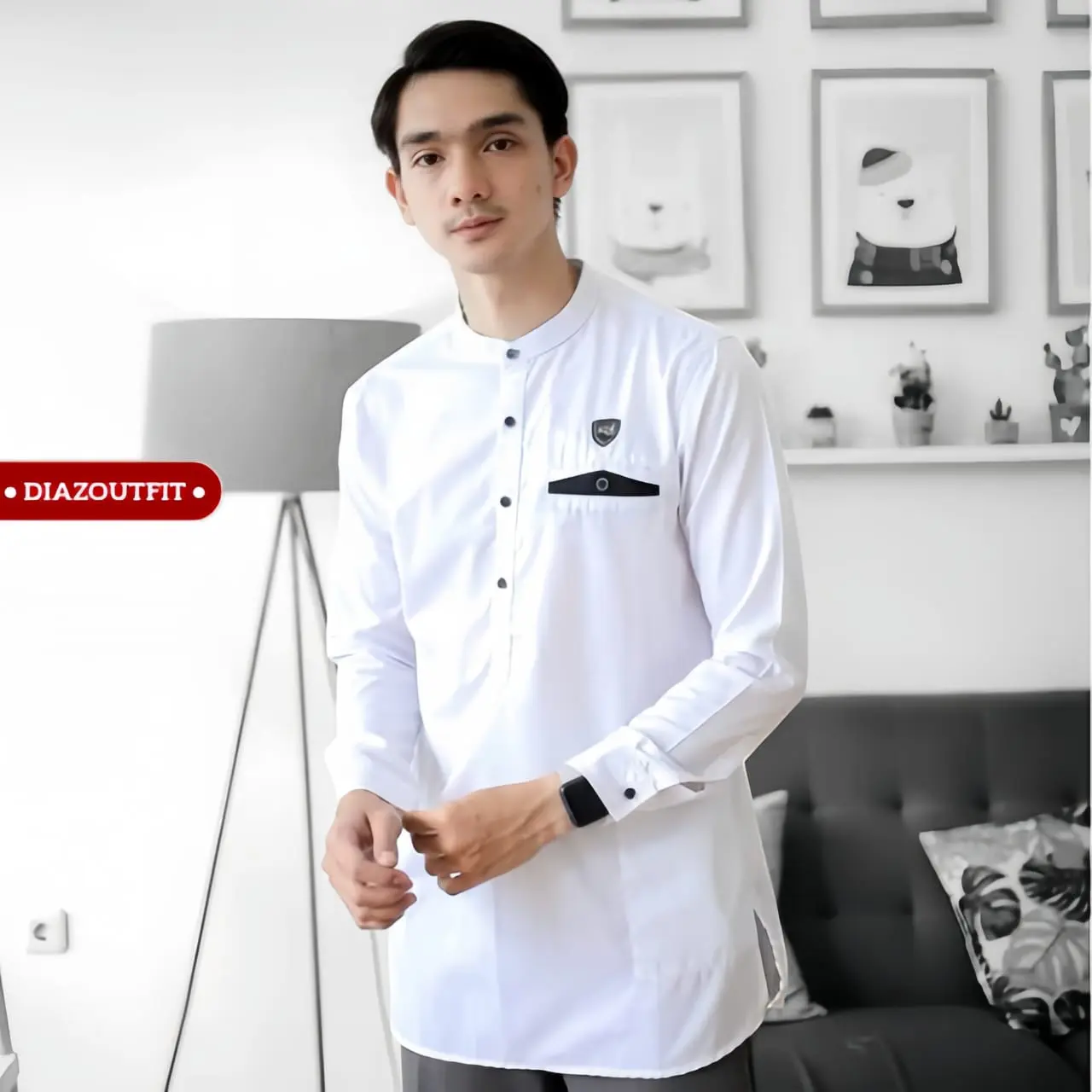 Diazoutfit - Baju Koko Kurta Lengan Panjang Material Catton Adem Serap Keringat Muslim Pria kemeja  muslim Dewasa Katun Pendek Putih
