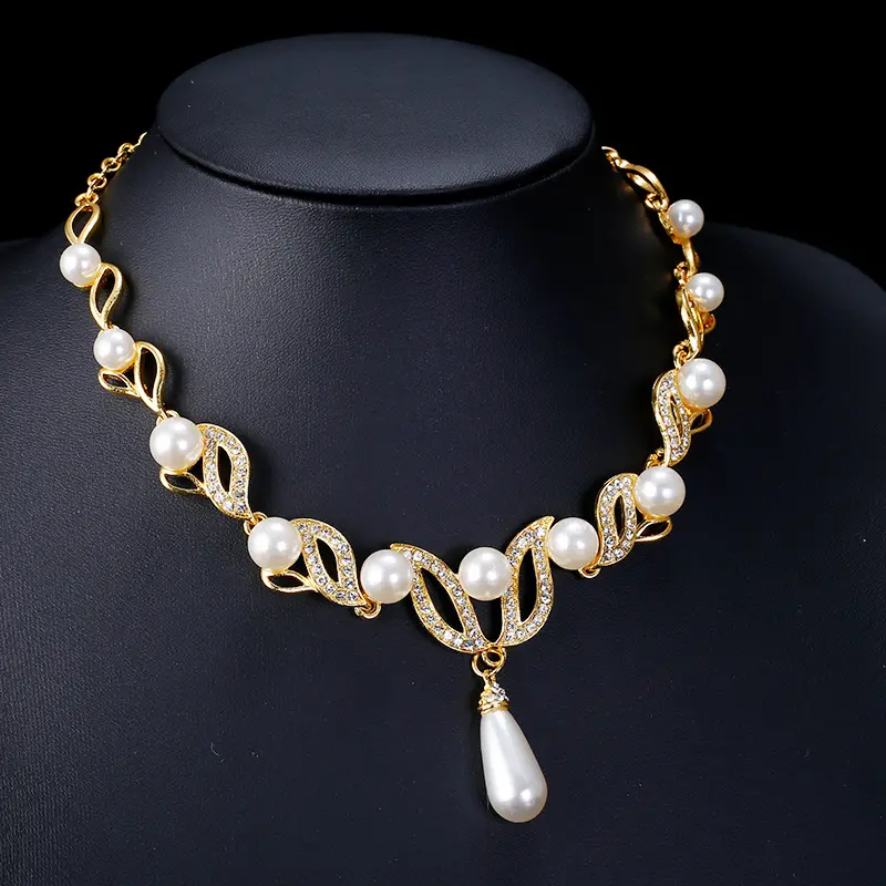 18K Emas Kalung Mutiara dan Anting-Anting Set Perhiasan Wanita Pengantin untuk Pesta Pernikahan 2