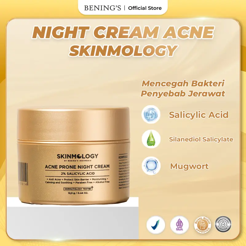 Night Cream Acne Prone Expert Series Skinmology by Bening's Indonesia Exclusive Mengatasi Mencerahkan Untuk Kulit Wajah Berjerawat Menghilangkan Beruntusan Bekas Jerawat Meredakan Jerawat Facial Perawatan Muka Treatment Menyembuhkan Memudarkan 1