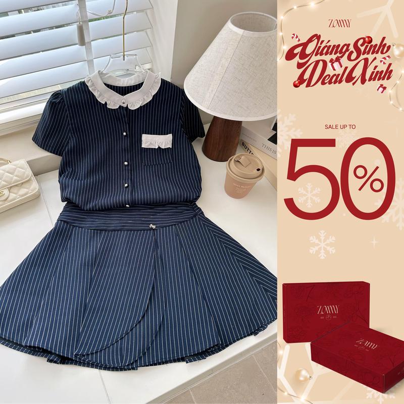  ZAMYSHOP - Set thiết kế kẻ cổ bèo cách điệu tiểu thư bánh bèo 