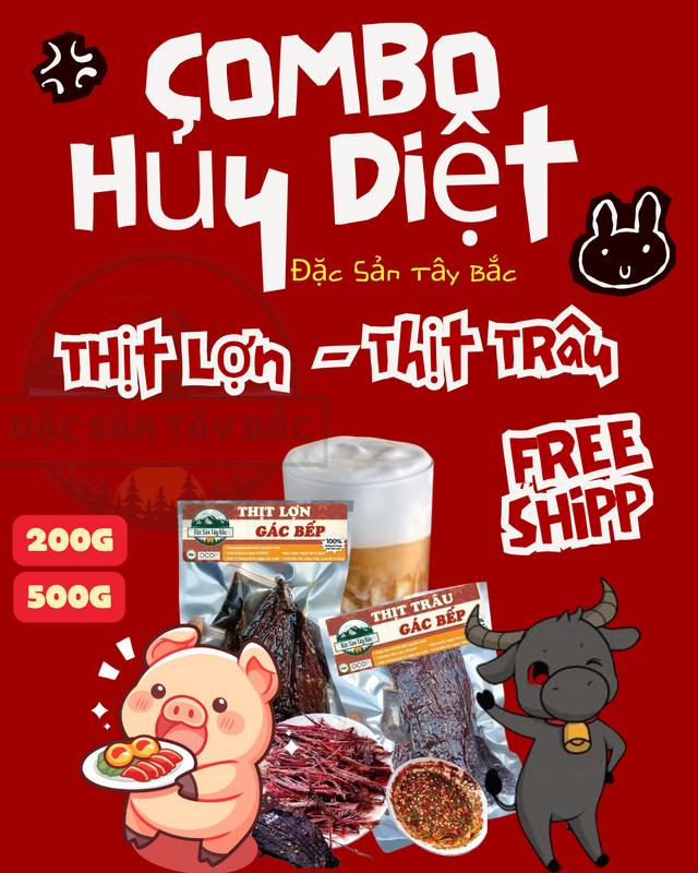    COMBO - HỦY DIỆTT   Thịt Trâu & Lợn Gác Bếp 200g - Đặc Sản Tây Bắc Hương Vị Vùng Cao - Món Quà Tặng Người Vùng Cao - Free Shipp 
