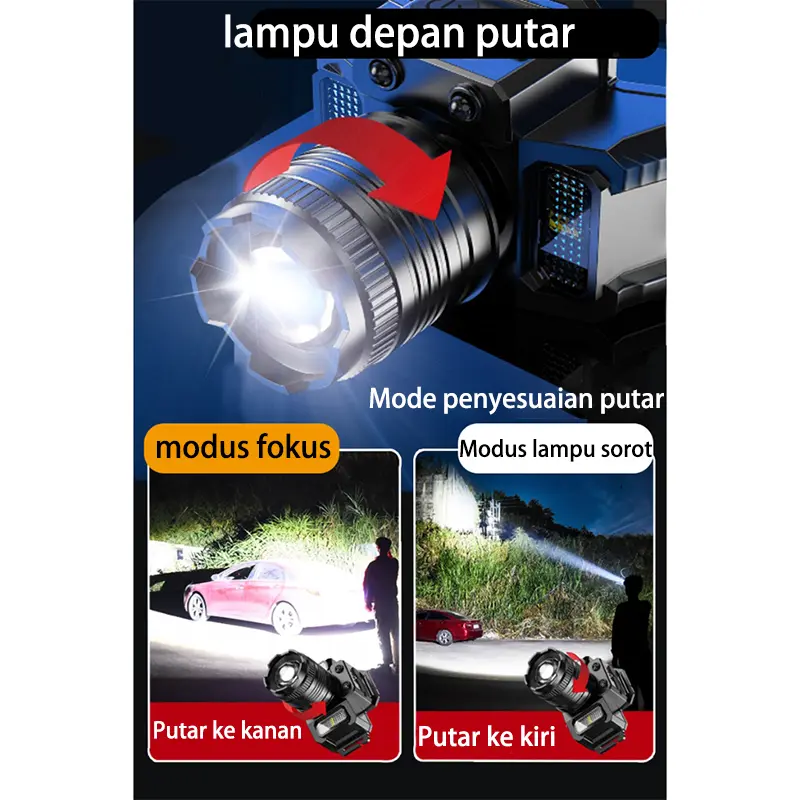 4.COD+pengiriman 24 jam Lampu Kepala LED/Headlamp /SuperTerang 1000000 Lumen/USB Charging Senter/Dengan Sensor Tangan/Sorot Dengan Penyesuaian multi-level/Senter Kepala/Zoom Dan Mode Sensor/Powerbank/Cahaya Terang 1