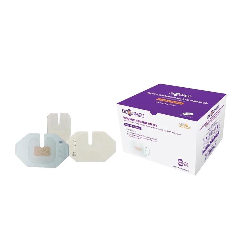 Băng dính vô trùng vải không dệt có gạc cố định kim luồn Decomed size 60x70mm