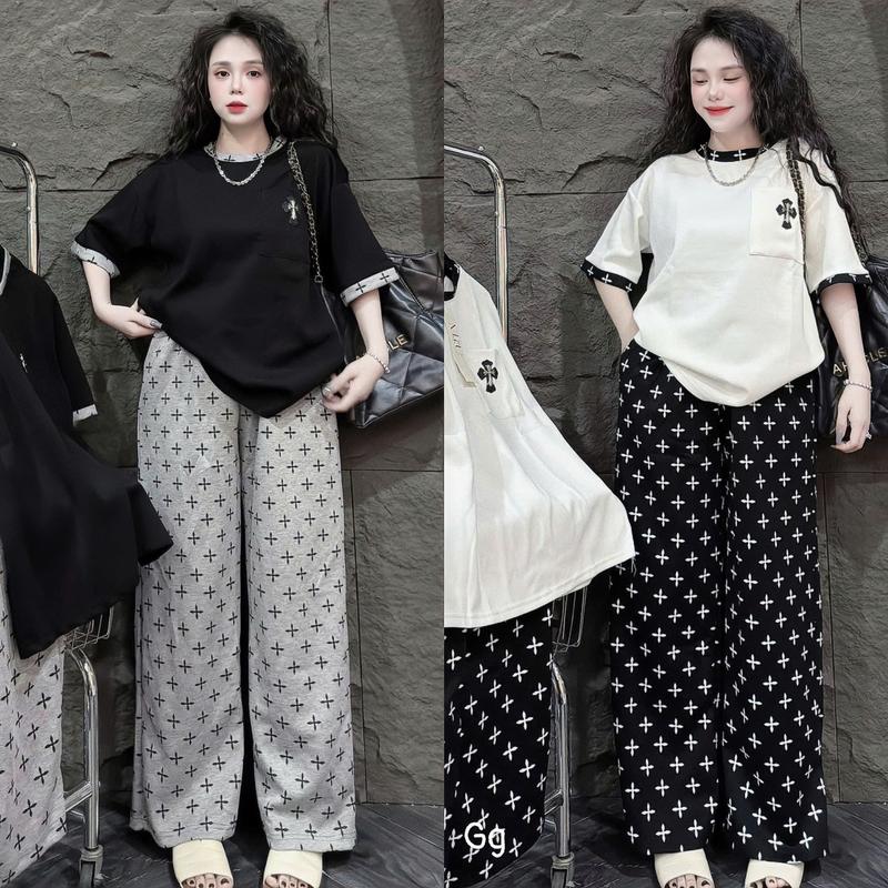 Set đô nữ áo thun from rộng phối viền đen kèm quần ống rộng hoạ tiết xinh xắn cho nàng đi chơi thể thao