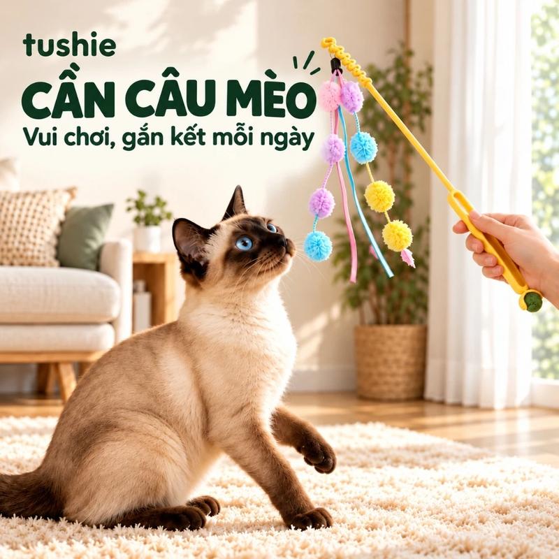 Cây cần câu treo mèo quả lông nhung cao cấp, Đồ chơi trêu mèo có quả cầu bạc hà, thiết kế dễ thương, giúp mèo vận động, giảm căng thẳng