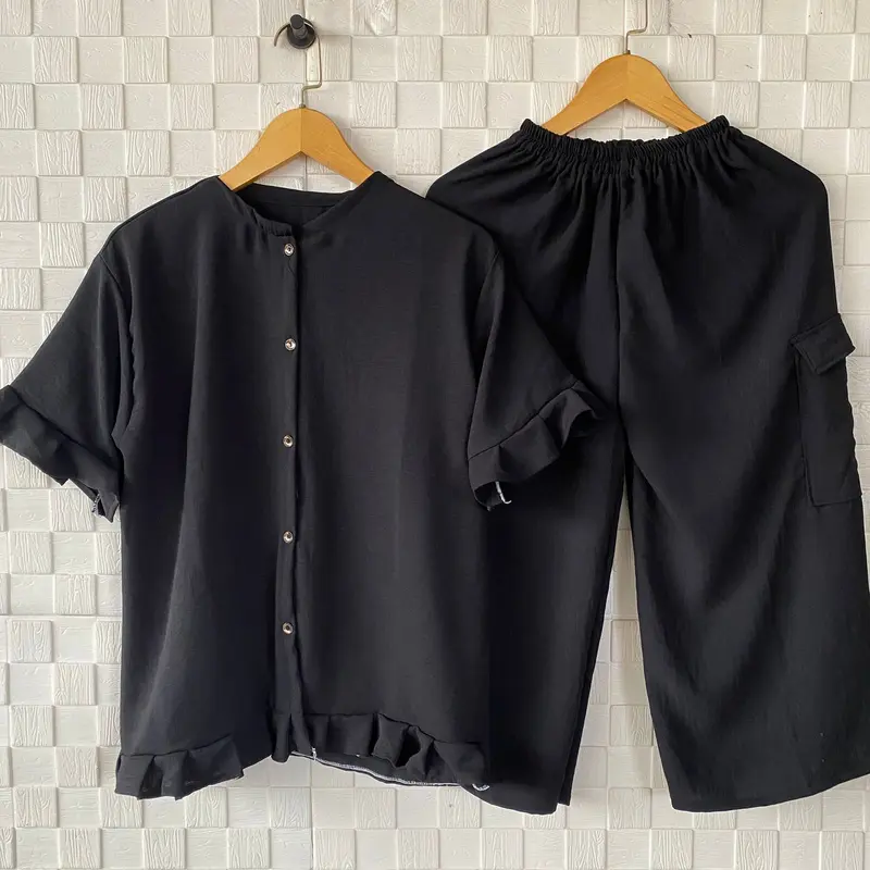 Setelan Celana 7/8 Wanita / Set Atasan Lengan Pendek Rempel / Merly Set Kancing / Korean Style 2