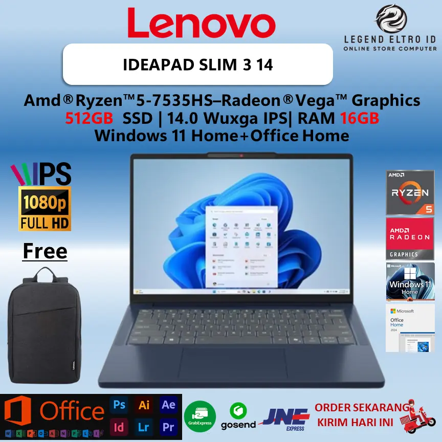 Laptop Lenovo Ideapad Slim 3 14 Ryzen 5 7535HS 16GB 512GB W11+OHS+M365B 14.0WUXGA IPS 2Y PREM+2ADP
