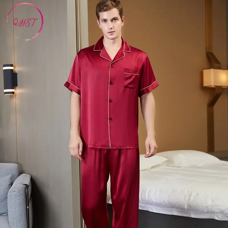 QHST Piyama Pria Biru Tua Solid Set Satin Warna Lunak | Lengan Pendek Celana Panjang Pajamas Import | Pria Baju Tidur 4