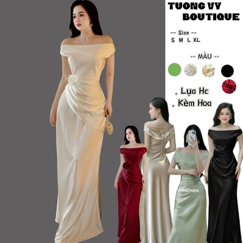 ( KÈM HOA & DÂY ) Váy Đầm Lụa Trễ Vai Mặc Nhiều Kiểu Dáng Dài 143cm Nhấn Li  Dây Kéo Bên Hông, lụa cao cấp , Size SML,  ( LUA-7099)