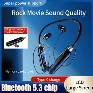 Earbuds Kartu penyimpanan memori dukungan, telinga headset Bluetooth ,  earphones telinga tanpa kabel frekuensi rendah, leher olahraga stereo menggantung telinga headphones dengan mikrofon Wireless Bass Led Ponsel