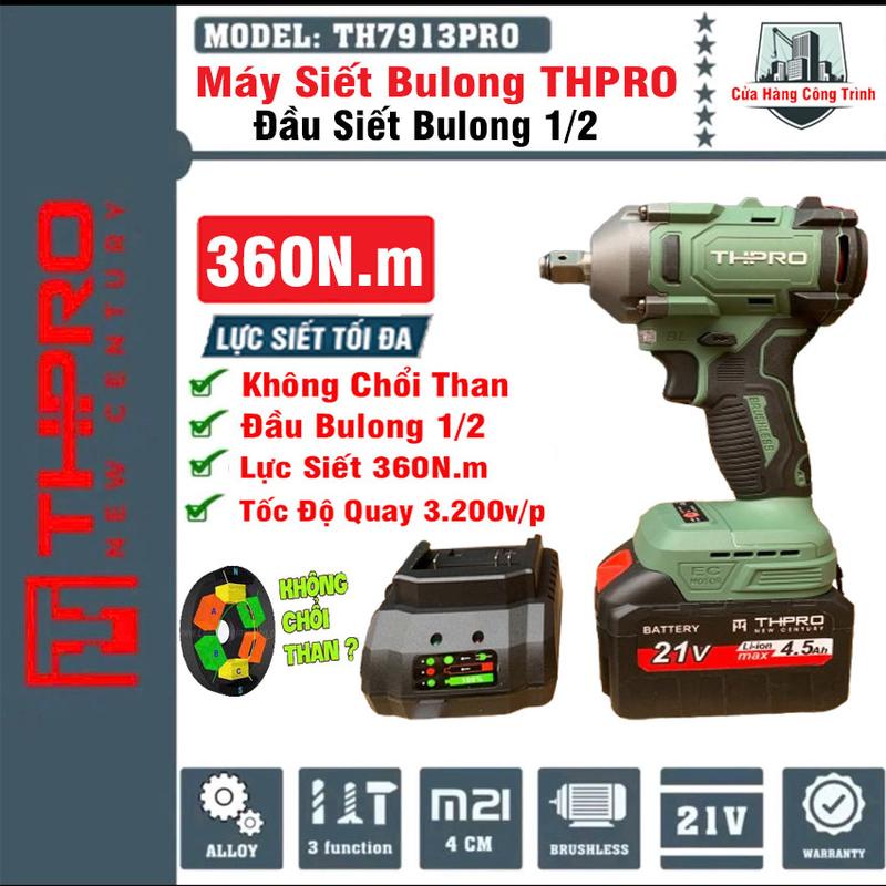  Máy Siết Bulong 21V Pin 15Cell THPRO BLMOTOR Không Chổi Than Máy Khoan Bulong Đầu 1 2  Lực Siết Khủng 360N.m Chân pin phổ thông 4cm 