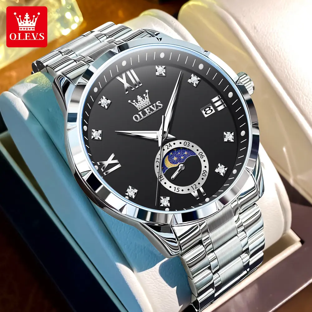 OLEVS Men's Quartz Watch with Moon Phase | Solid Stainless Steel Strap | 30M Waterproof & Luminous | Business Casual Style Model 2956