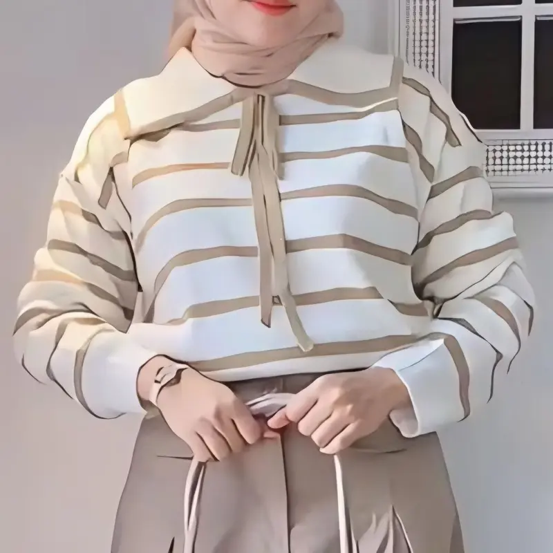 Eily Atasan Wanita Rajut Korea Motif Garis Kerah Lengan panjang Baju Knitwear 2