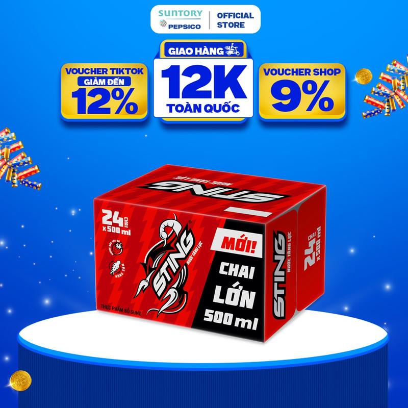 Thùng 24 Chai Nước Tăng Lực Sting Dâu 500ml chai