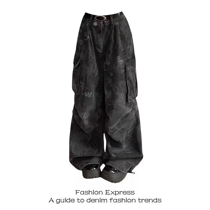 Quần jeans nữ ống rộng thời trang form rộng Quần Jean Bảo Hộ Lao Động, Cỡ Nhỏ Phong Cách Mỹ Thiết Kế Đường Phố Cao Cấp Họa Tiết Rắn, Nhiều Túi, Cạp Cao Cho Nữ, Ống Rộng thụng Và Dáng Rộng Vừa Vặny2ky2kquần jeans nữquần jean ngầu
