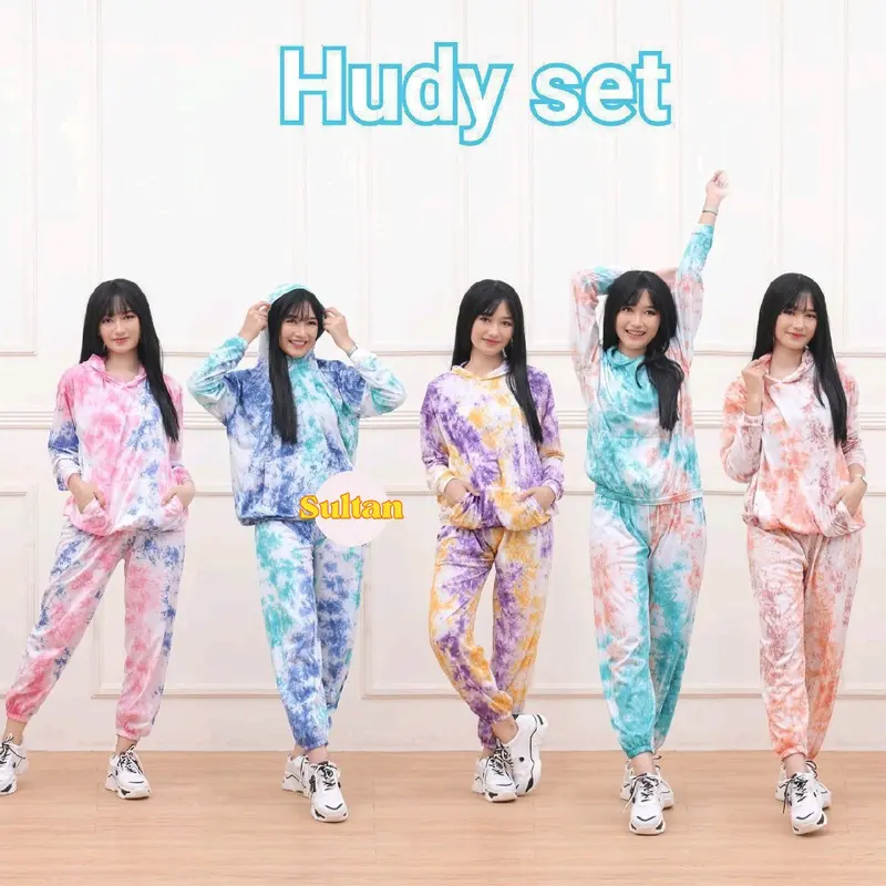 Setelan baju wanita setelan baju pelangi setelan hoodie perempuan Kaos Motif Nyaman Tie minimalis warna hitam 0