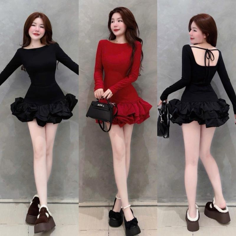 Tặng quần rời Đầm nhũ tay dài 3 tầng cột dây lưng có mod