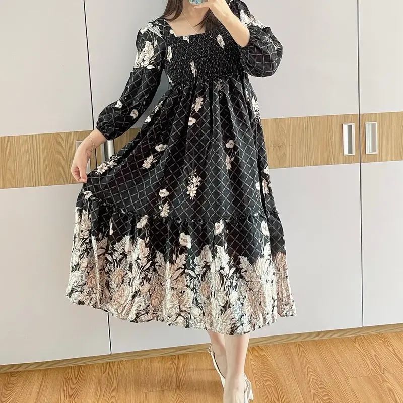 MIDI DRESS BIGFLOW SMOK AT/rayon diamond premium Casual Lembut Wanita Panjang Etnik Nyaman Twill well 0
